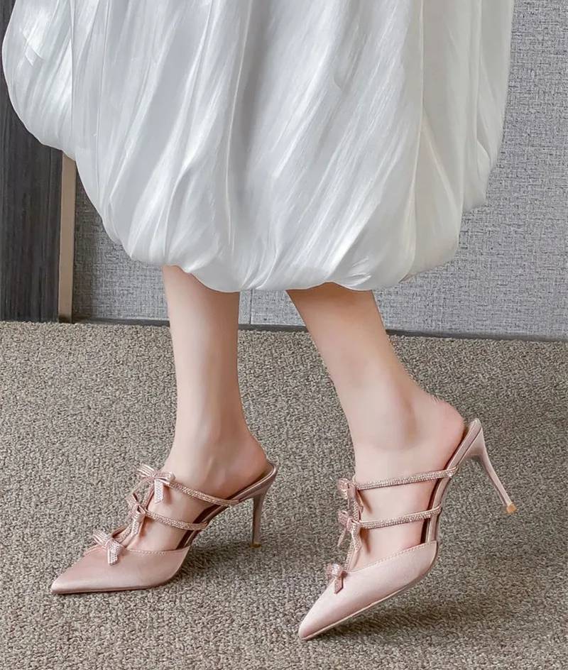 Rhinestones Bowknot Satin Pointed Toe Wedding Party Thin High Heels