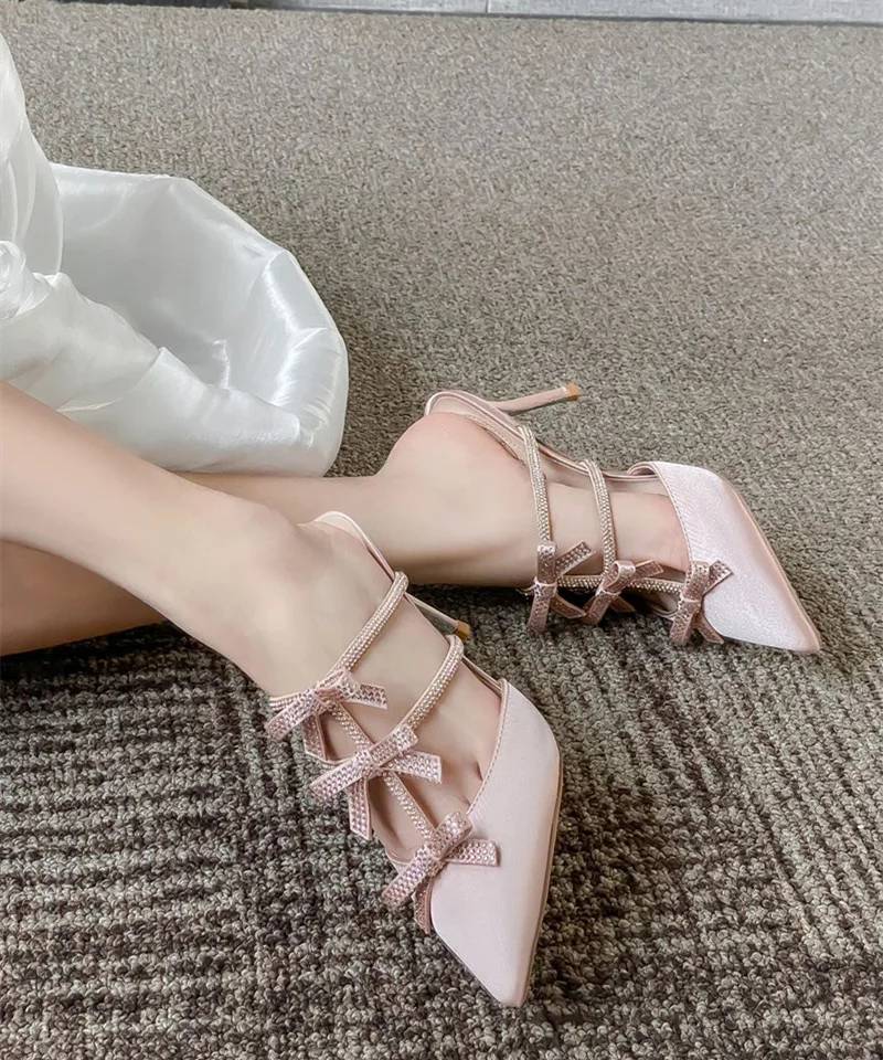 Rhinestones Bowknot Satin Pointed Toe Wedding Party Thin High Heels