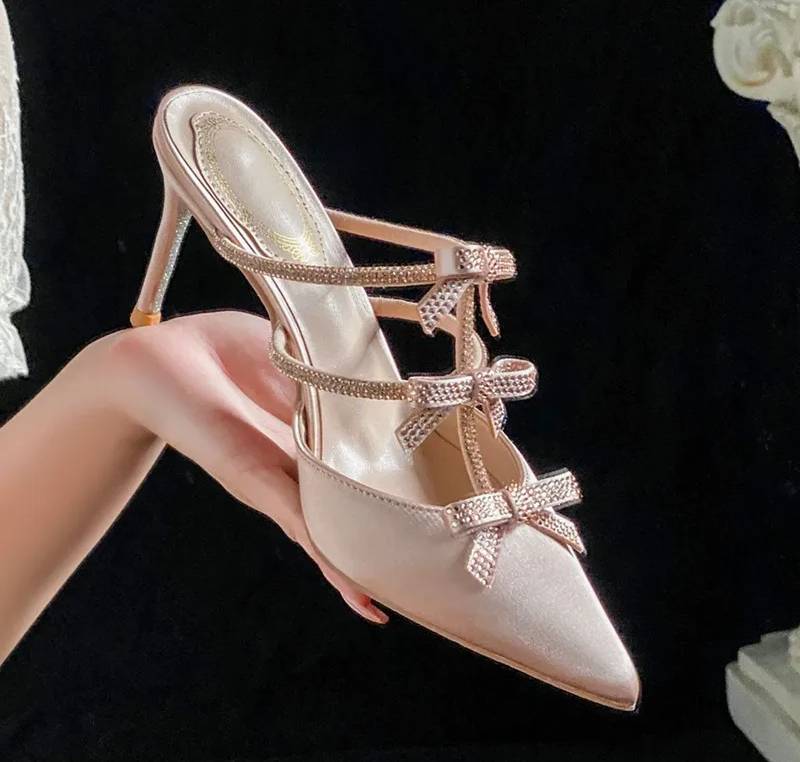 Rhinestones Bowknot Satin Pointed Toe Wedding Party Thin High Heels