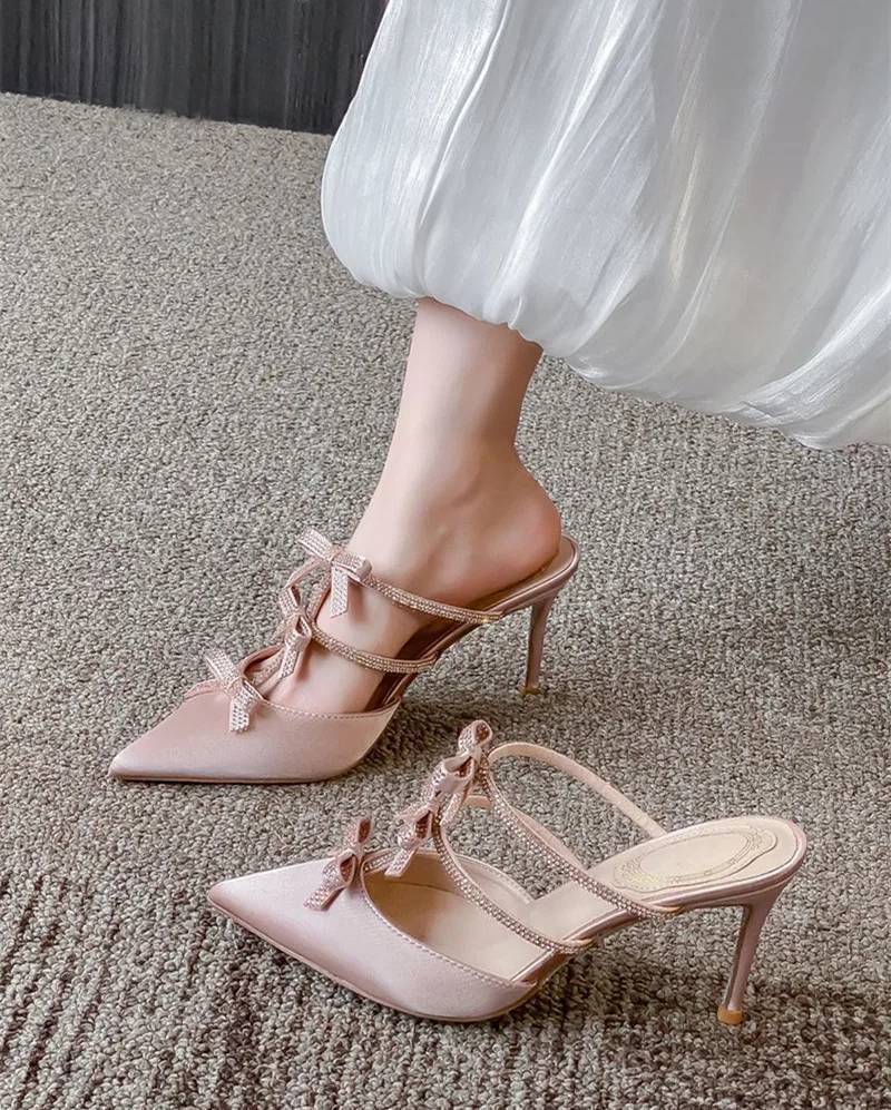 Rhinestones Bowknot Satin Pointed Toe Wedding Party Thin High Heels