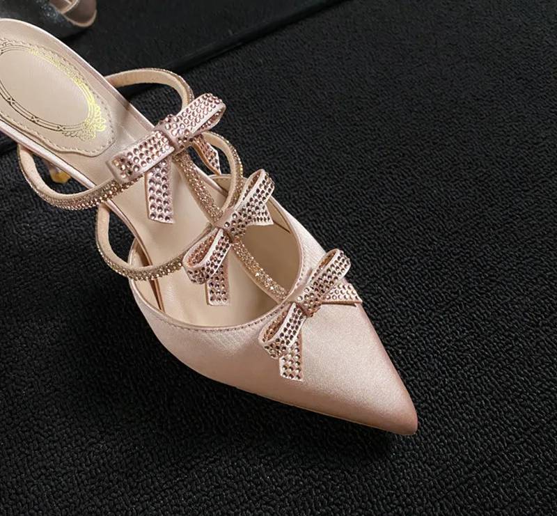 Rhinestones Bowknot Satin Pointed Toe Wedding Party Thin High Heels
