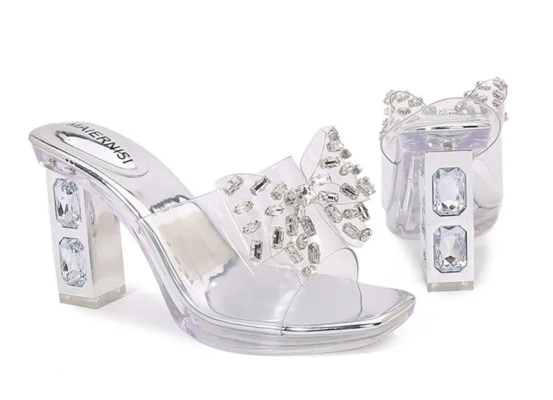 Rhinestones Bowknot Transparent PVC Platform Wedges High Heels Sandals