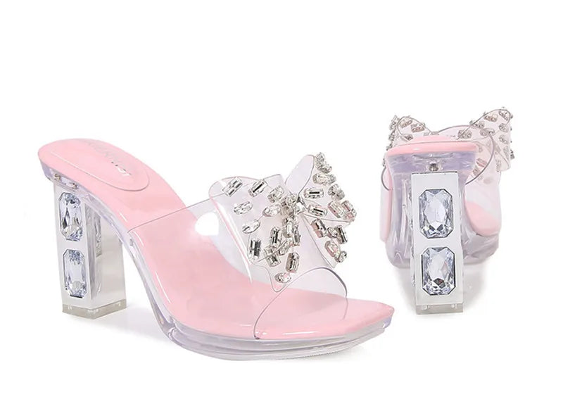 Rhinestones Bowknot Transparent PVC Platform Wedges High Heels Sandals