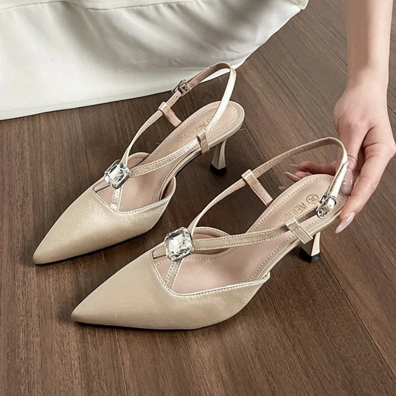 Rhinestones Designer Pointed Toe Satin High Heels Pumps