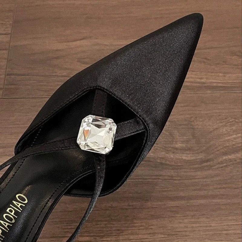 Rhinestones Designer Pointed Toe Satin High Heels Pumps