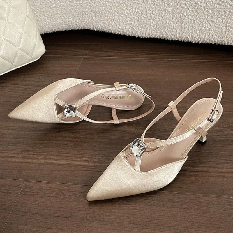 Rhinestones Designer Pointed Toe Satin High Heels Pumps