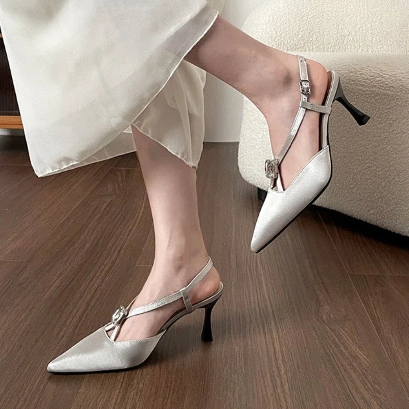 Rhinestones Designer Pointed Toe Satin High Heels Pumps