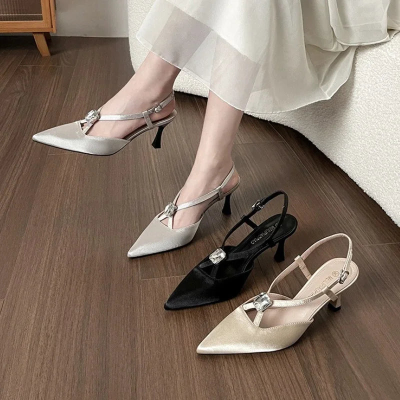 Rhinestones Designer Pointed Toe Satin High Heels Pumps
