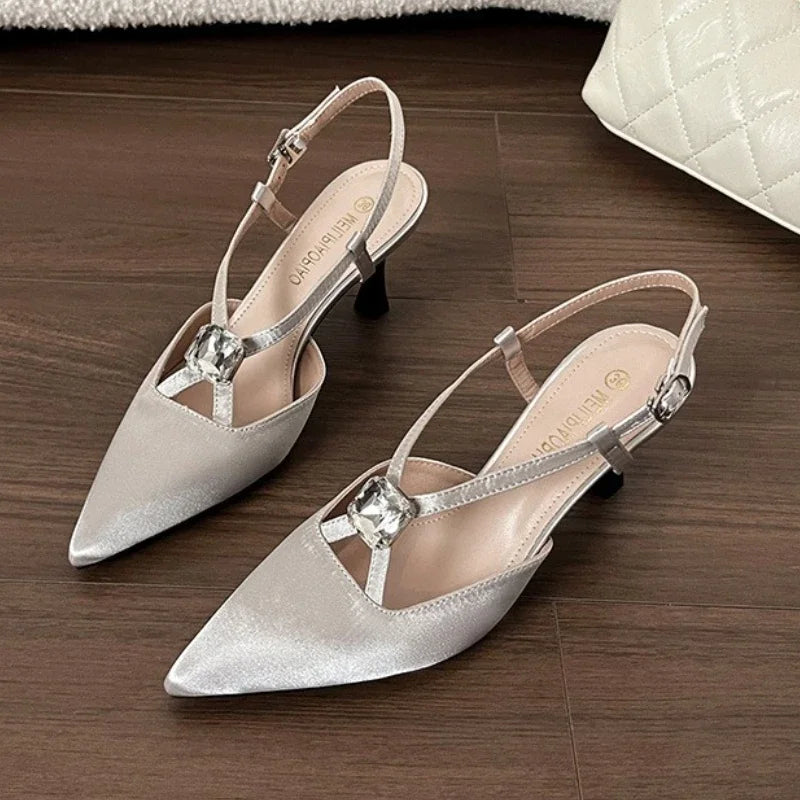 Rhinestones Designer Pointed Toe Satin High Heels Pumps