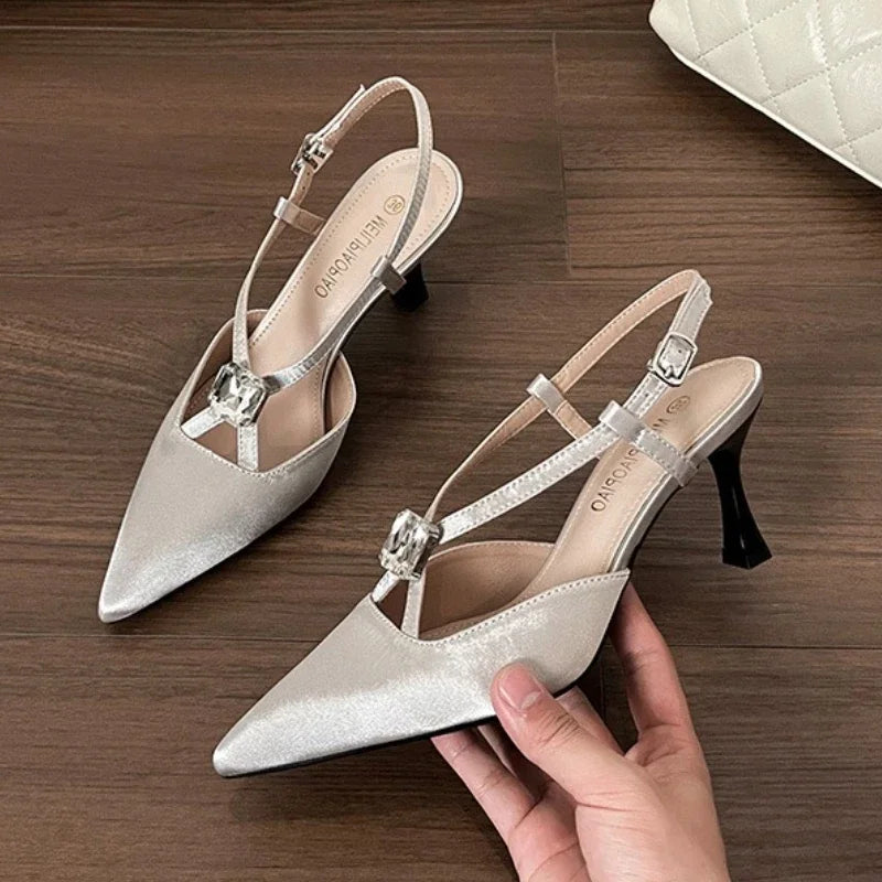 Rhinestones Designer Pointed Toe Satin High Heels Pumps