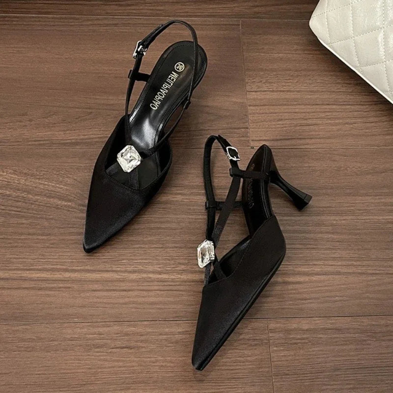 Rhinestones Designer Pointed Toe Satin High Heels Pumps