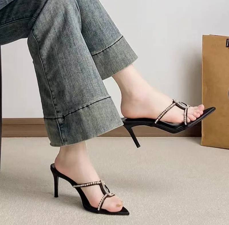 Rhinestones Gem Pointed Toe Stiletto High Heels Slides Sandals