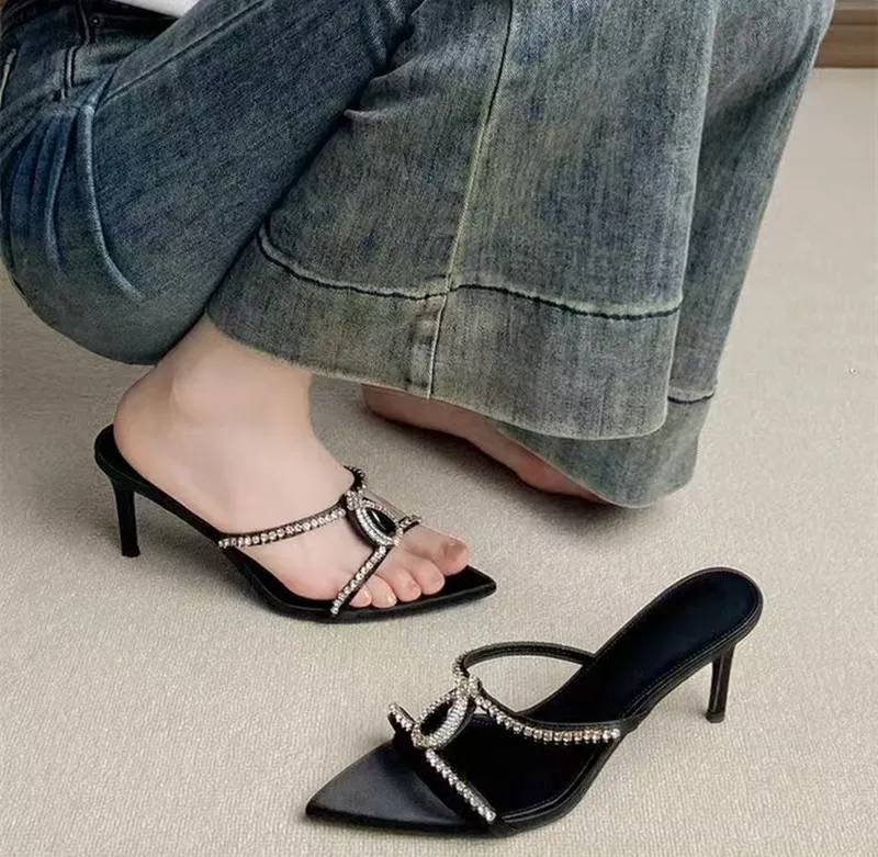Rhinestones Gem Pointed Toe Stiletto High Heels Slides Sandals