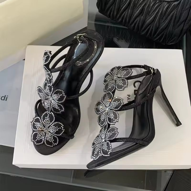 Rhinestones Lace Flowers Decoration Gladiator Ankle Strap High Heels Sandals