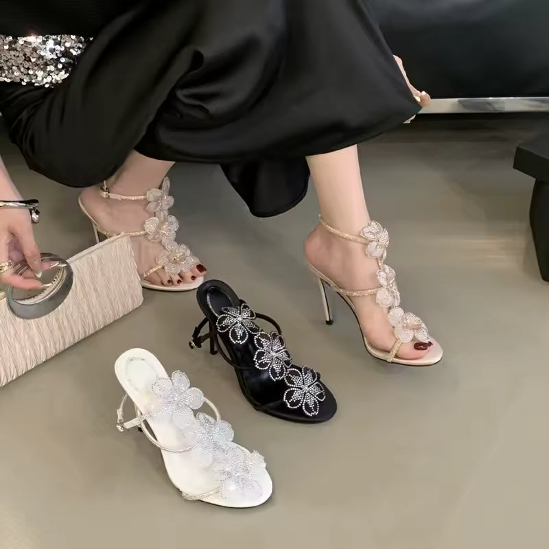 Rhinestones Lace Flowers Decoration Gladiator Ankle Strap High Heels Sandals