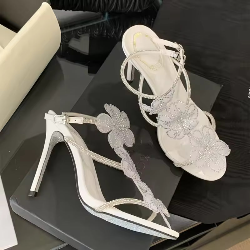 Rhinestones Lace Flowers Decoration Gladiator Ankle Strap High Heels Sandals