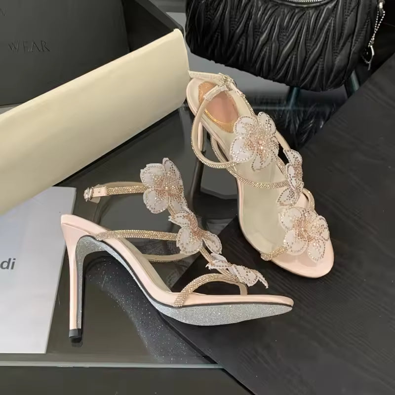 Rhinestones Lace Flowers Decoration Gladiator Ankle Strap High Heels Sandals