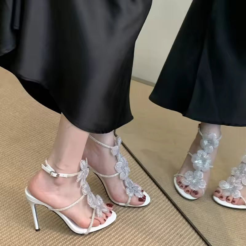Rhinestones Lace Flowers Decoration Gladiator Ankle Strap High Heels Sandals