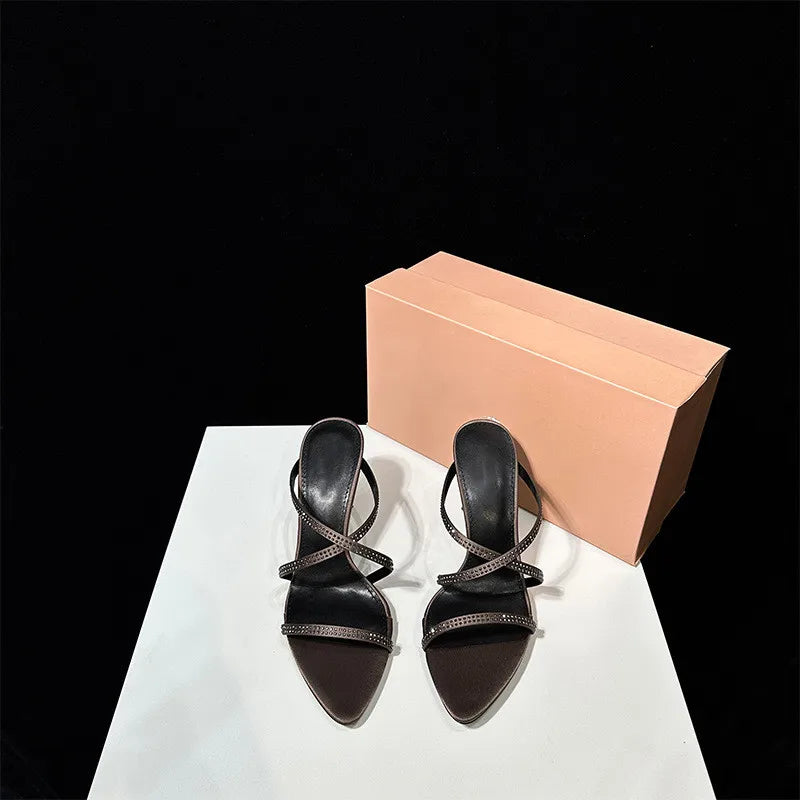 Rhinestones Pointed Toe Narrow Band High Heels Sandals