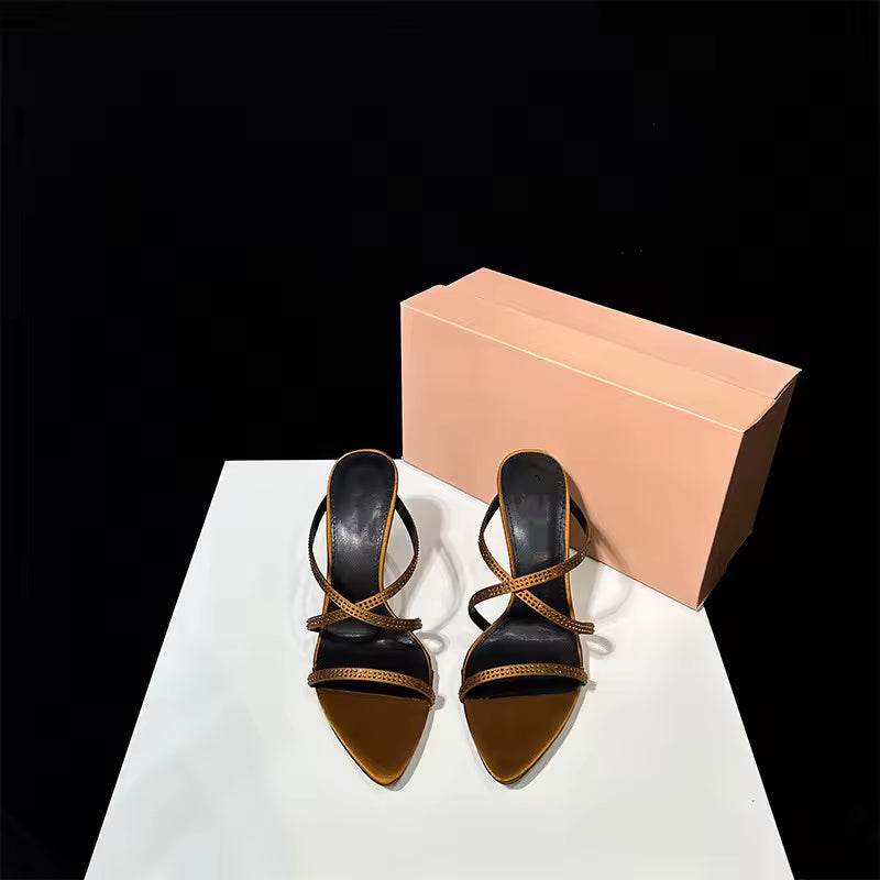 Rhinestones Pointed Toe Narrow Band High Heels Sandals