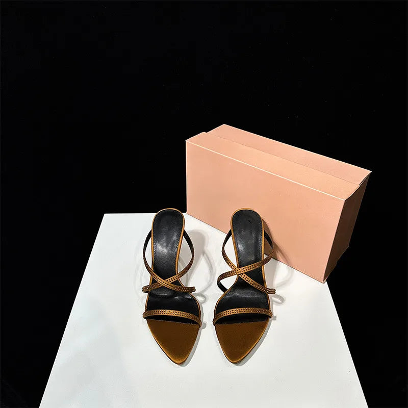 Rhinestones Pointed Toe Narrow Band High Heels Sandals