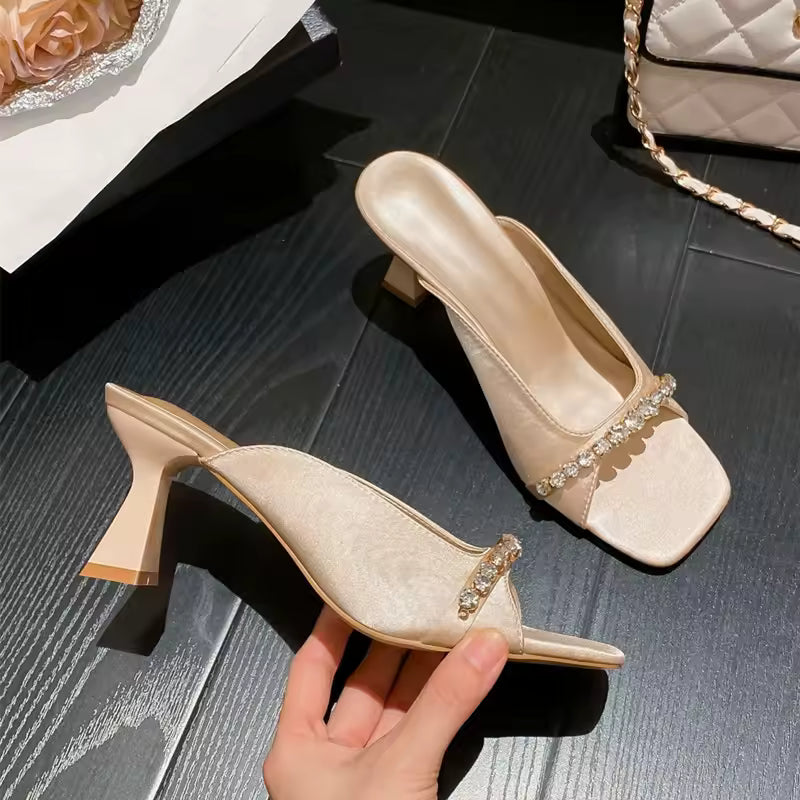 Rhinestones Satin Chains Square Toe Mules Slides High Heels Sandals