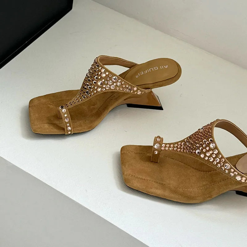 Rhinestones Shallow Wedges Slides Heeled Sandals
