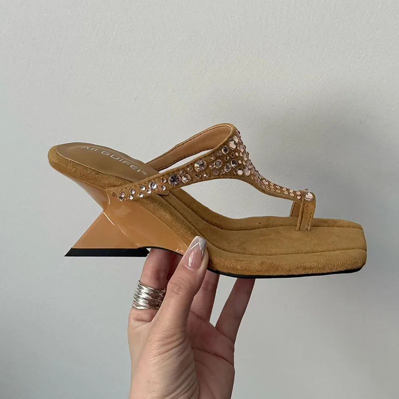 Rhinestones Shallow Wedges Slides Heeled Sandals