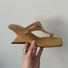 Rhinestones Shallow Wedges Slides Heeled Sandals