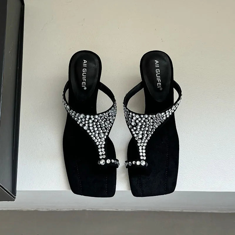Rhinestones Shallow Wedges Slides Heeled Sandals