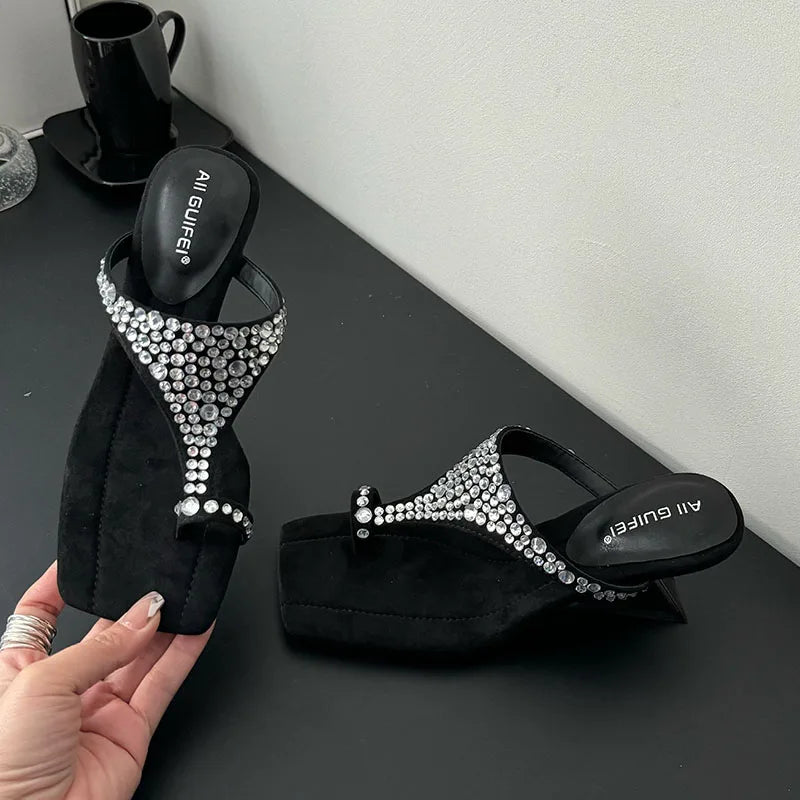 Rhinestones Shallow Wedges Slides Heeled Sandals
