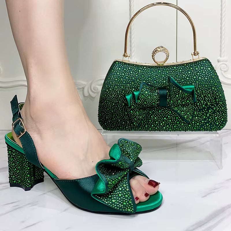 Luxury Round Toe Bowtie Bright Diamond High Heels Shoes And Bags Set