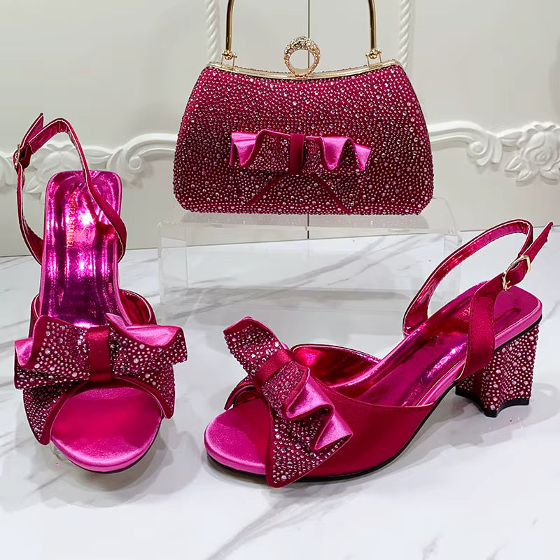 Luxury Round Toe Bowtie Bright Diamond High Heels Shoes And Bags Set