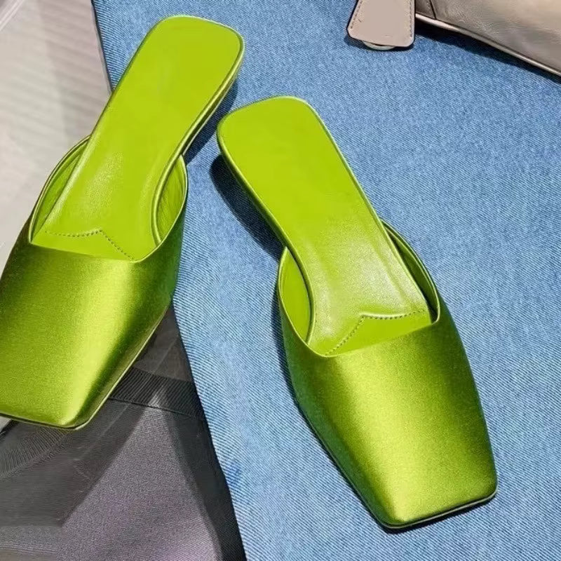 Satin Square Shallow Head Strange Low Chunky Heel