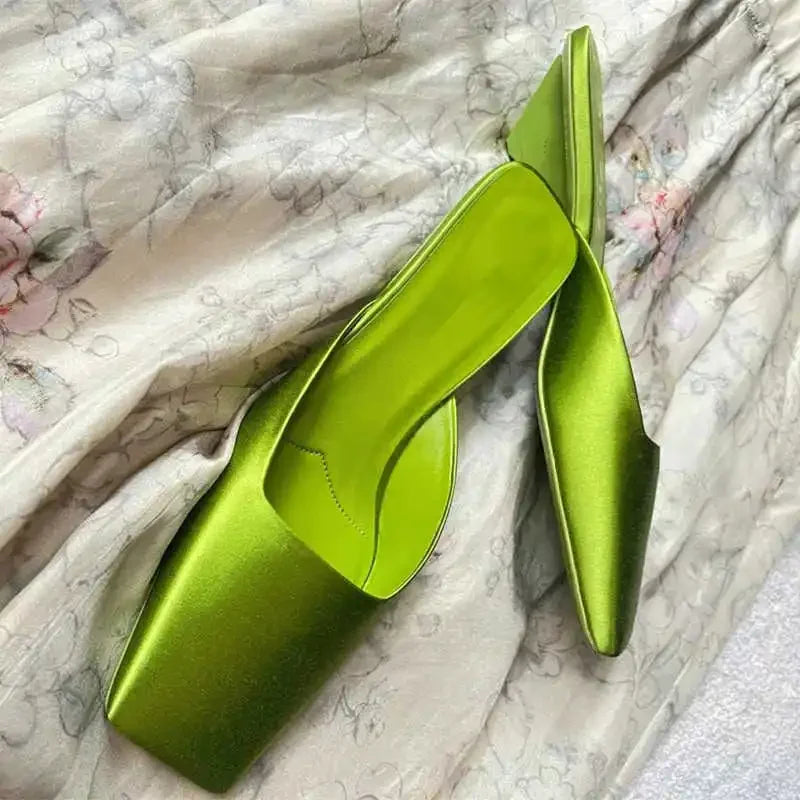 Satin Square Shallow Head Strange Low Chunky Heel