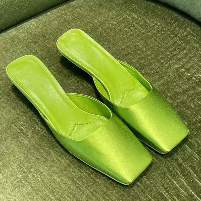 Satin Square Shallow Head Strange Low Chunky Heel