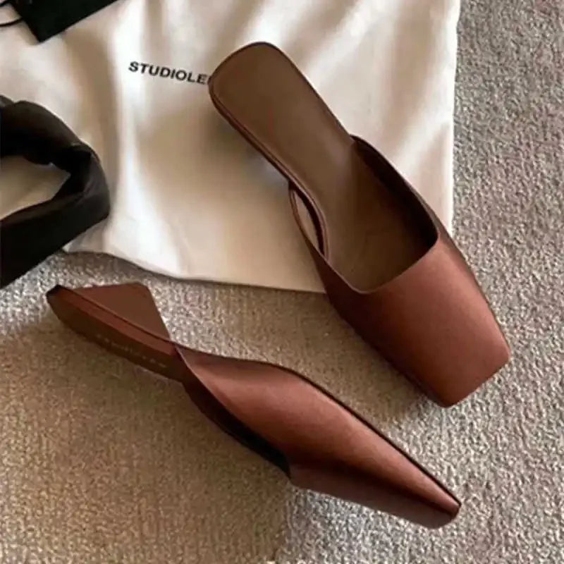 Satin Square Shallow Head Strange Low Chunky Heel