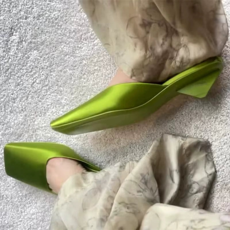 Satin Square Shallow Head Strange Low Chunky Heel