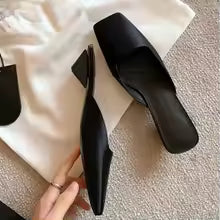 Satin Square Shallow Head Strange Low Chunky Heel