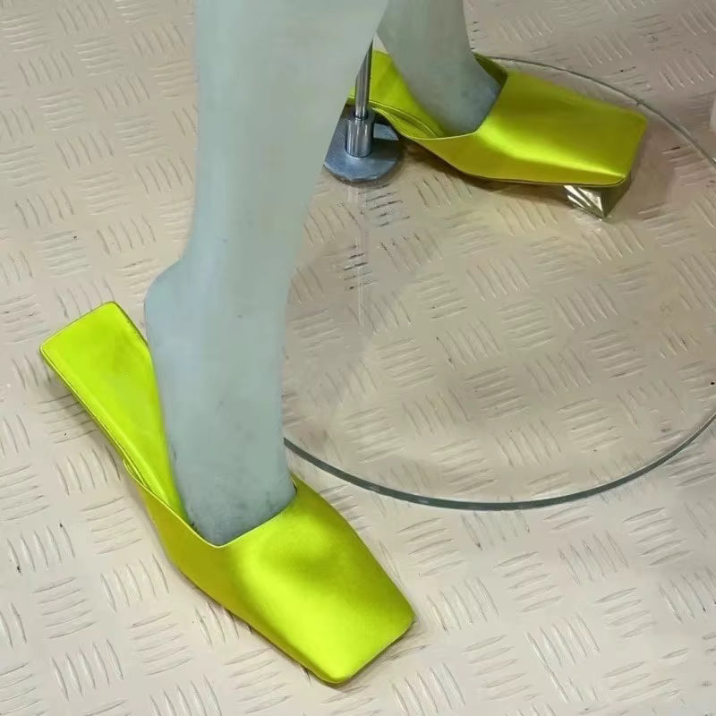 Satin Square Shallow Head Strange Low Chunky Heel