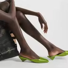 Satin Square Shallow Head Strange Low Chunky Heel