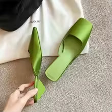 Satin Square Shallow Head Strange Low Chunky Heel