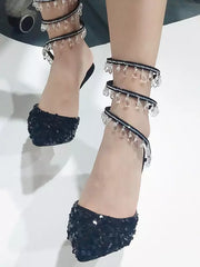 Sequined Pointed Toe Rhinestones Strappy Pumps High Heel