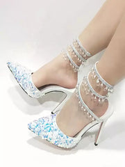 Sequined Pointed Toe Rhinestones Strappy Pumps High Heel