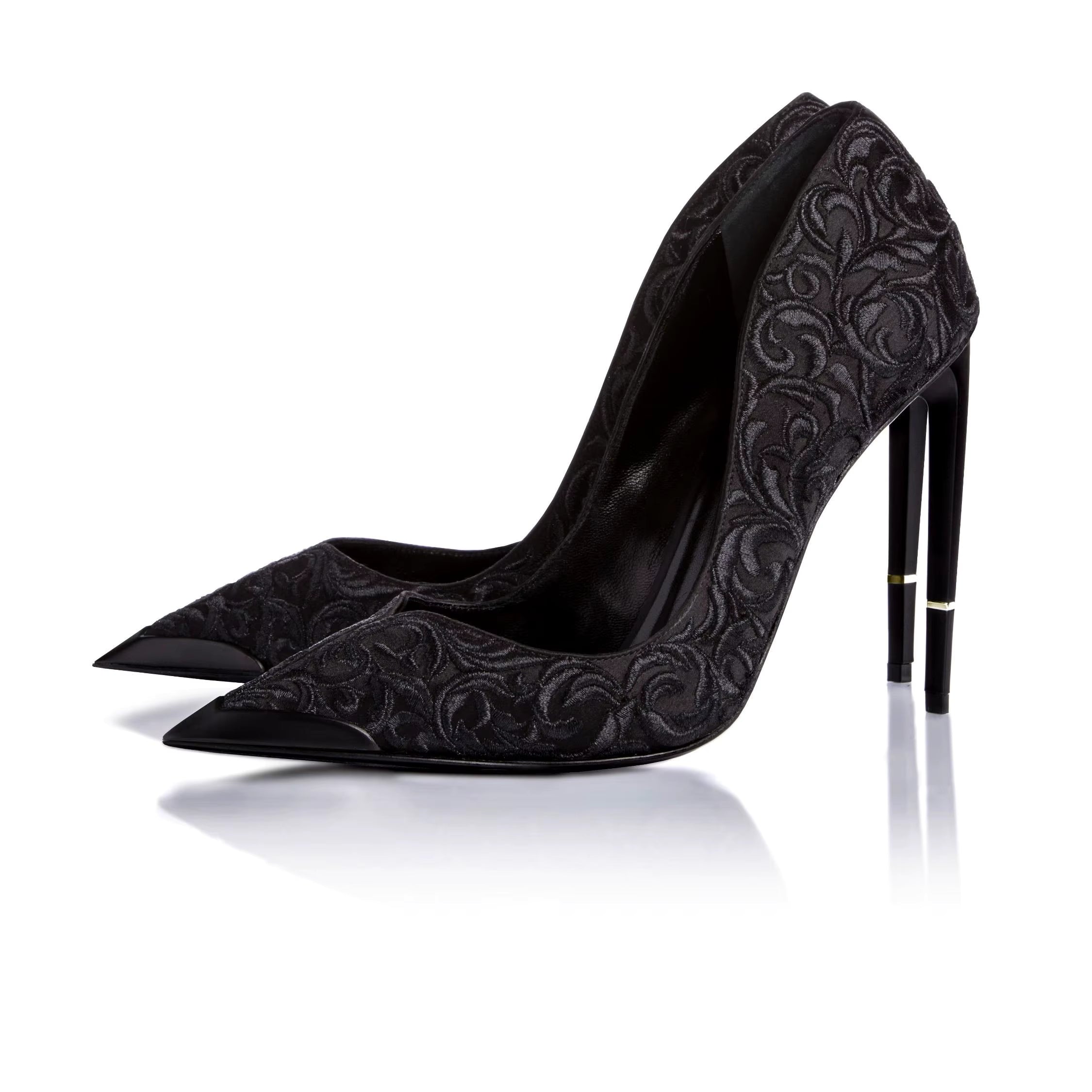 Luxury Silk Embroidered Stiletto Pumps Shallow High Heels Shoes