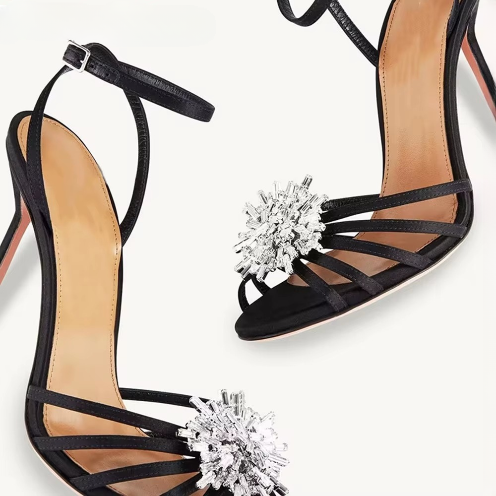Luxury Solid Ankle Strap Crystal Flower Decor Peep Toe Stiletto High Heel