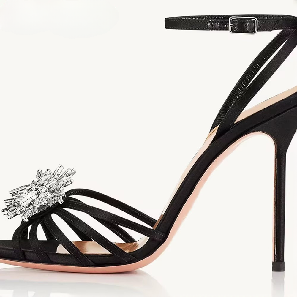 Luxury Solid Ankle Strap Crystal Flower Decor Peep Toe Stiletto High Heel