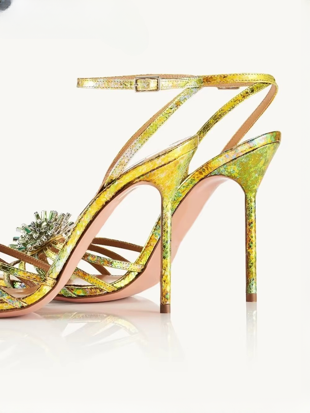 Luxury Solid Ankle Strap Crystal Flower Decor Peep Toe Stiletto High Heel