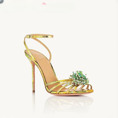 Luxury Solid Ankle Strap Crystal Flower Decor Peep Toe Stiletto High Heel