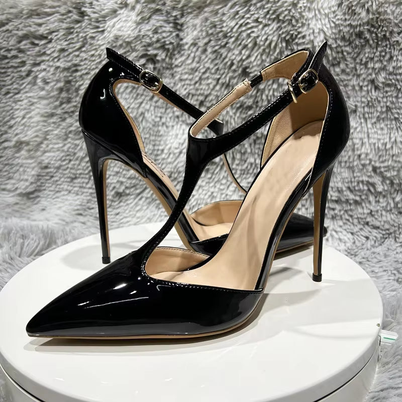 Luxury Solid T-Strap SLIP-ON Pointy Toe Stiletto Pumps High Heel